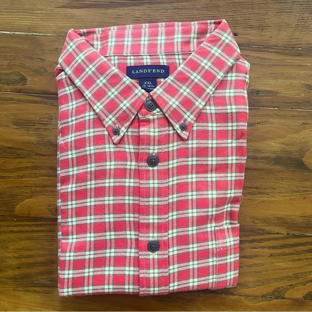 Lands End Flannel Long Sleeve Shirt Watermelon Red Plaid‎ Size XXL New